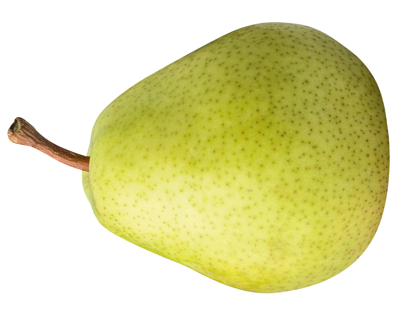 Photo of a pear on its side, in front of a white background.